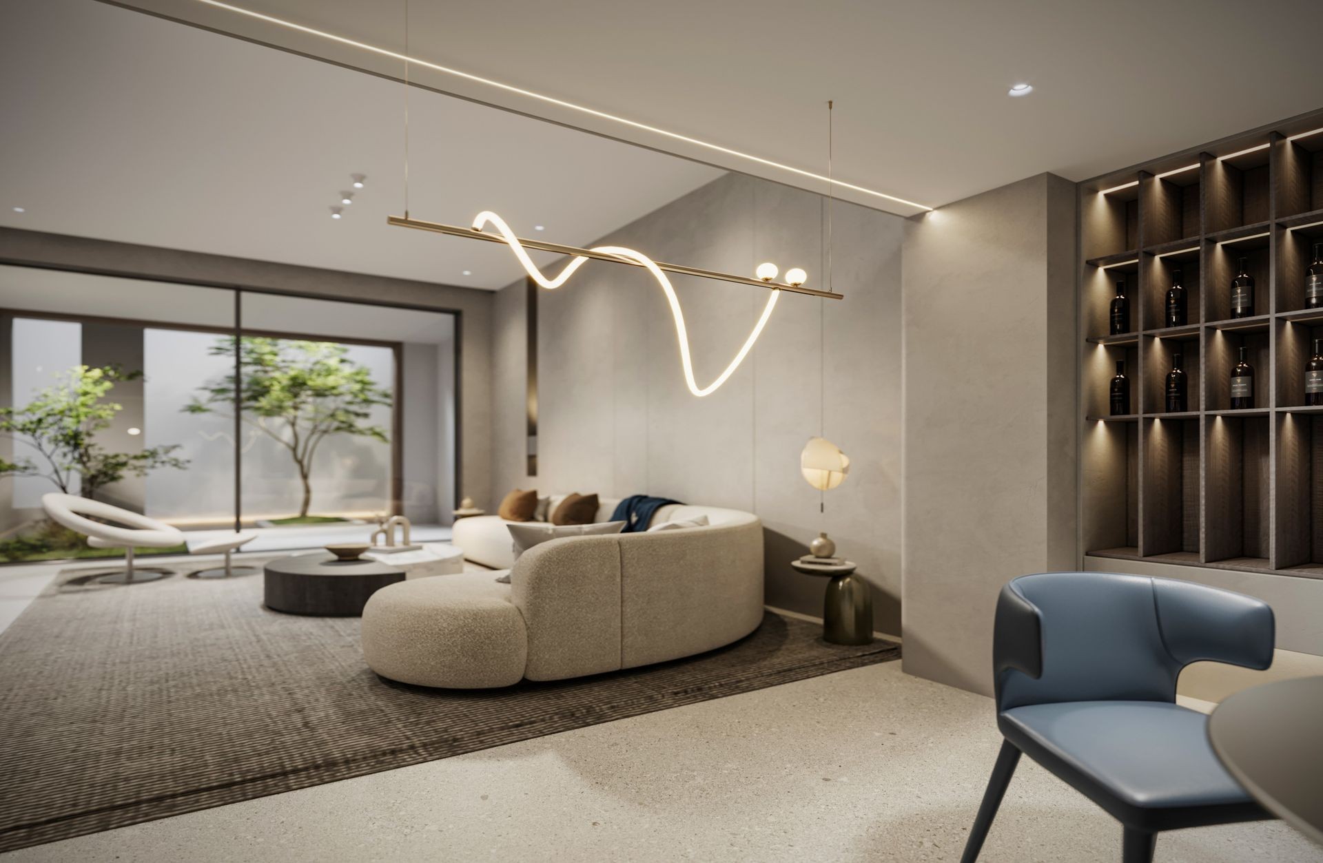 Modern living room with a wavy chandelier, curved sofa, and large window overlooking a garden.