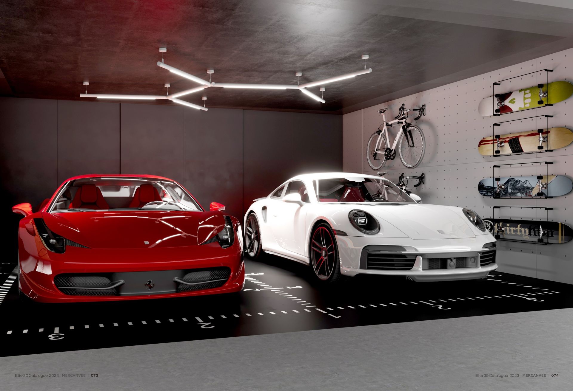 Red and white sports cars parked in a modern garage with bikes and skateboards on the wall.