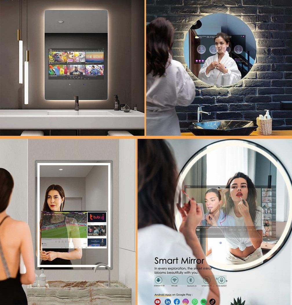 Collage of smart mirrors displaying various apps and features while placed in modern bathrooms.