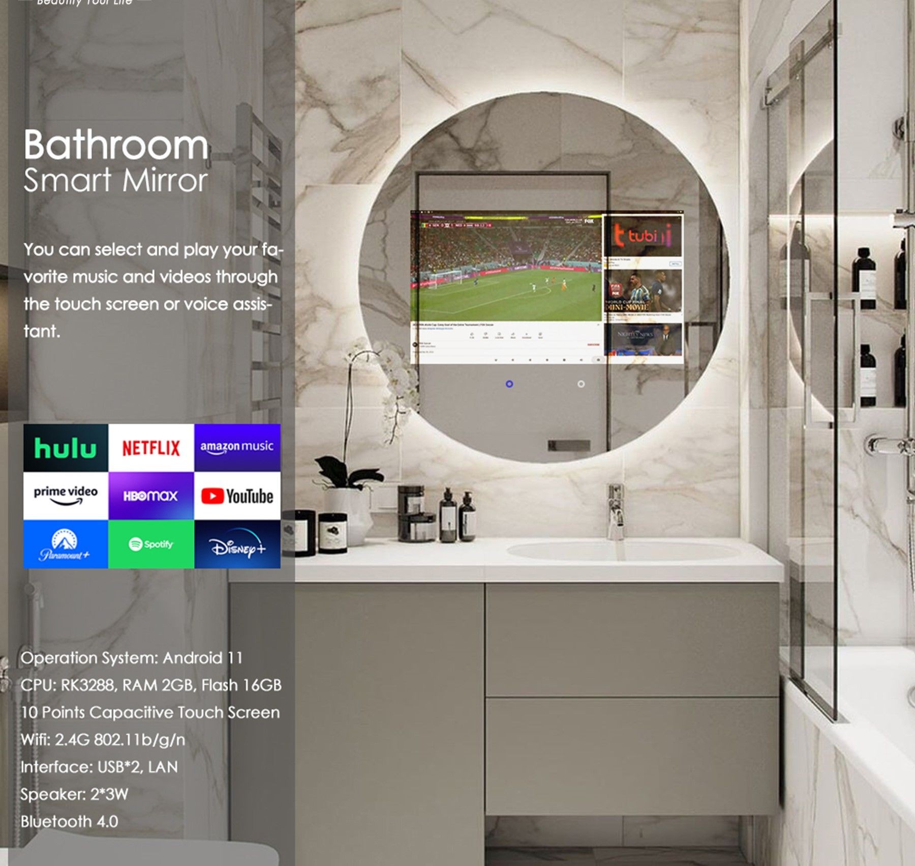 Modern bathroom featuring a smart mirror with touch screen functionality, streaming apps logos, and device specifications.