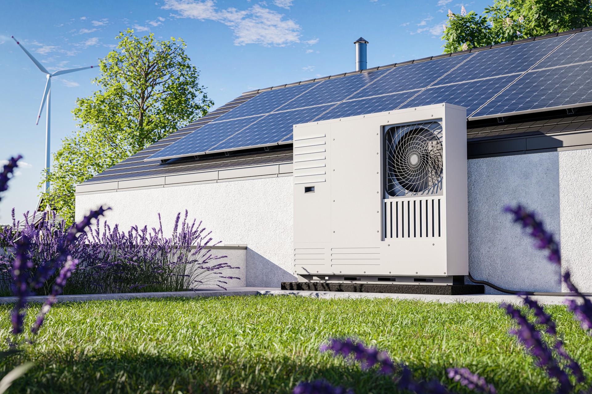 Green roof with grass covering and an installed heat pump with photovoltaic panels on the roof of a single-family house. An ecological source of heating and air conditioning for the property.